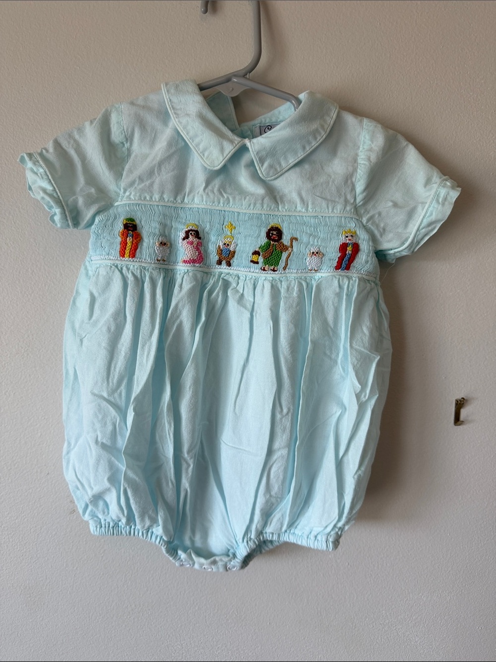 Smocked Light Blue Baby Romper with Embroidered Nativity